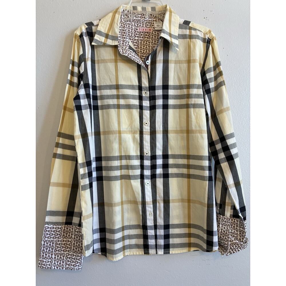 Tizzie Button Down Shirt Plaid Stripe Chains Flip Cuffs Preppy Modern Luxury L - Picture 14 of 14